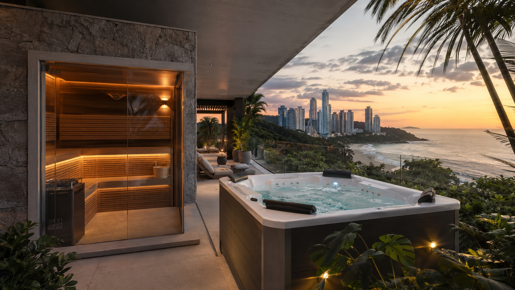 Spa e sauna envidraçada em cobertura com vista para praia e orla ao entardecer
